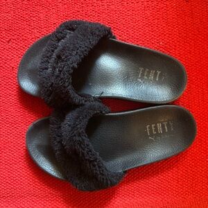 Rihanna Fenty Black Fur Slides